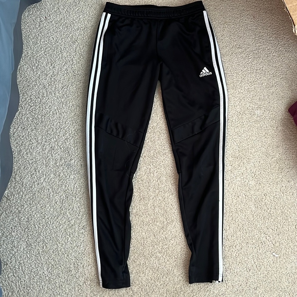 Adidas black joggers with white stripes, size small